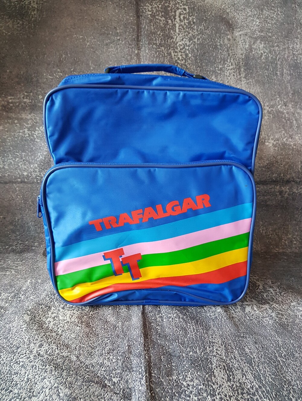 Vintage 1980s Trafalgar Shoulder Bag – Retro Blue Rainbow Stripe Travel Bag